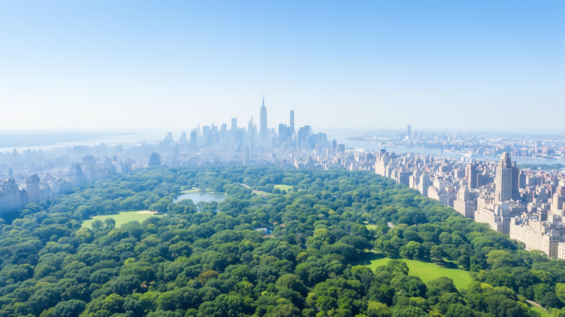 Aerial view of Central Park and the Manhattan skyline